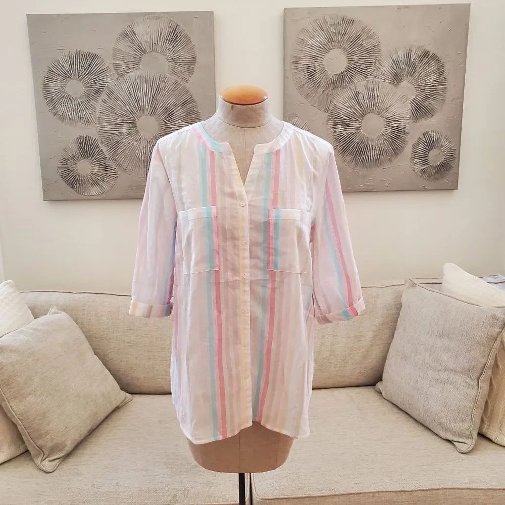 Chico's Summer Fun Stripe Lurex 3/4-Sleeve Shirt Sz Med